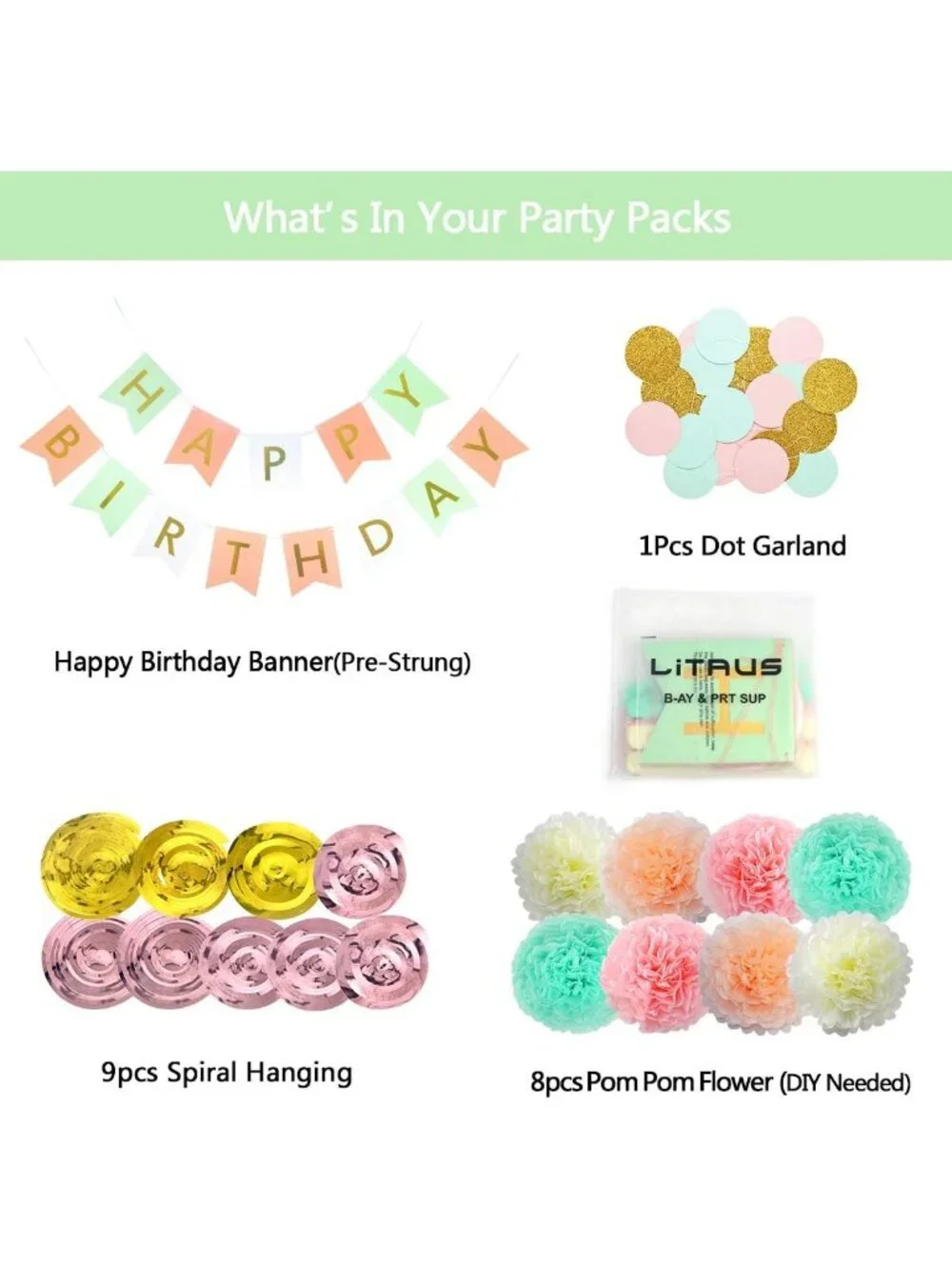 Birthday Decor Pack of 19 Banner Tissue flowers Swirls Garland girl pastel gold